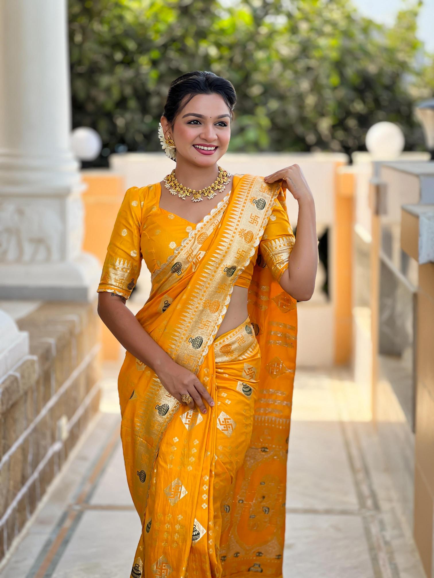 Swastik pure viscous dolla silk swastik & kalash design saree catalog wholesale online shopping