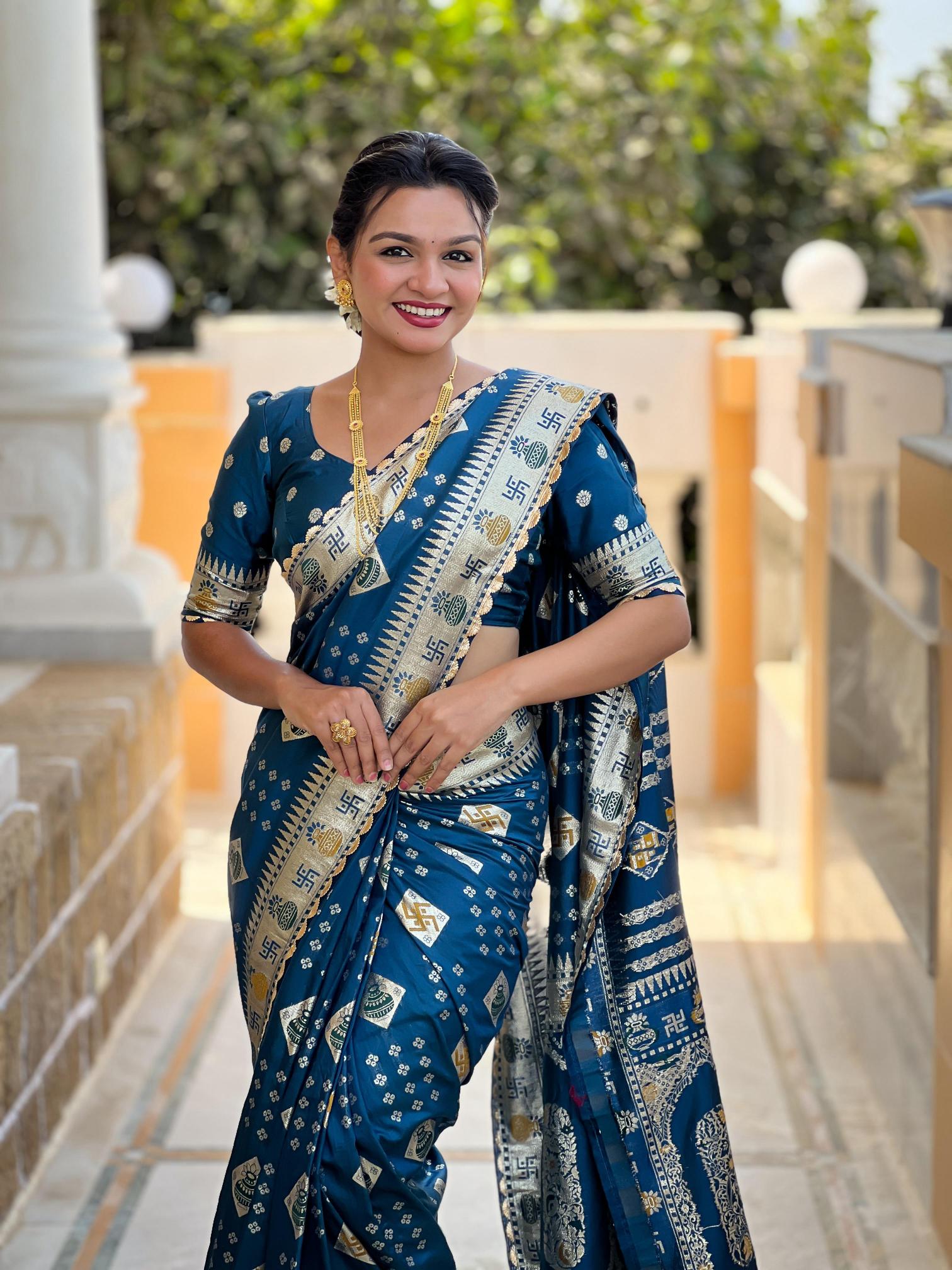 Swastik pure viscous dolla silk swastik & kalash design saree catalog wholesale online shopping