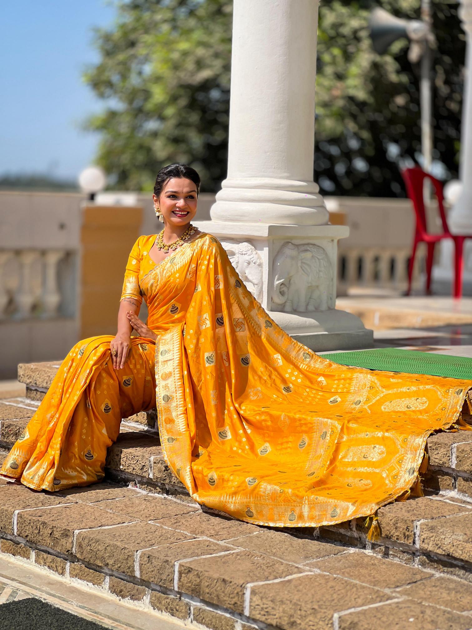 Swastik pure viscous dolla silk swastik & kalash design saree catalog wholesale online shopping