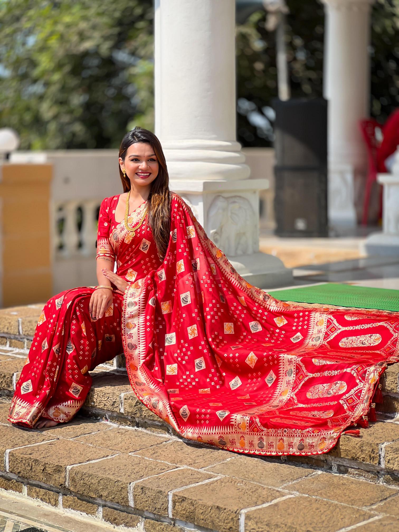 Swastik pure viscous dolla silk swastik & kalash design saree catalog wholesale online shopping