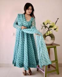 Tabby organza laheriya printed top bottom dupatta premium kurti brands