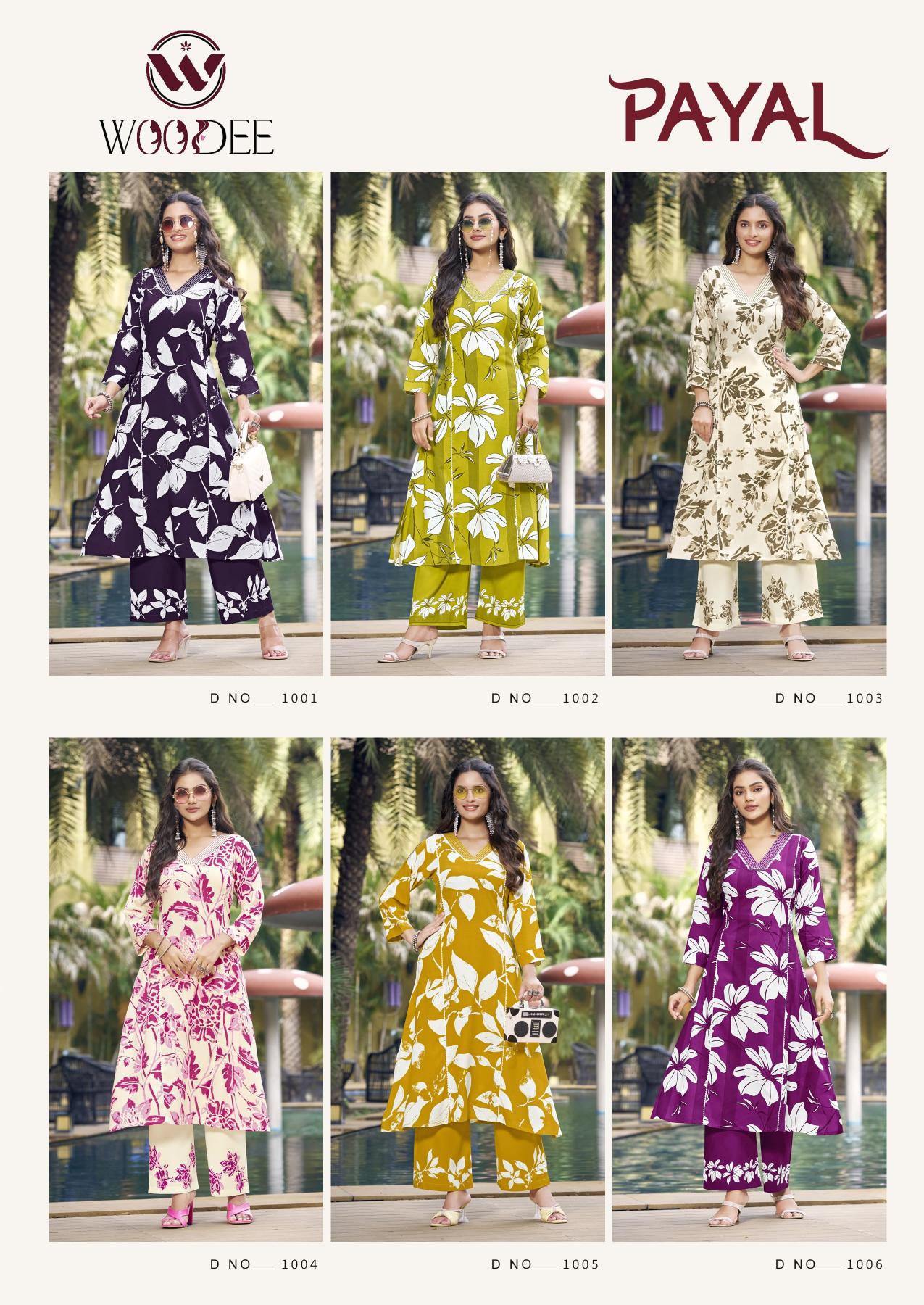 Woodee payal heavy reyon print catalog summer coord set wholesale