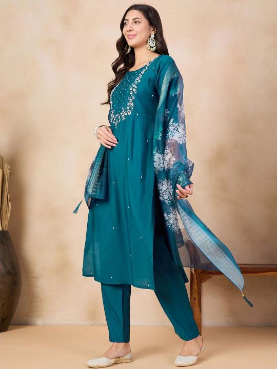 Bitto raviya viscose chanderi petrol color kurti surat 