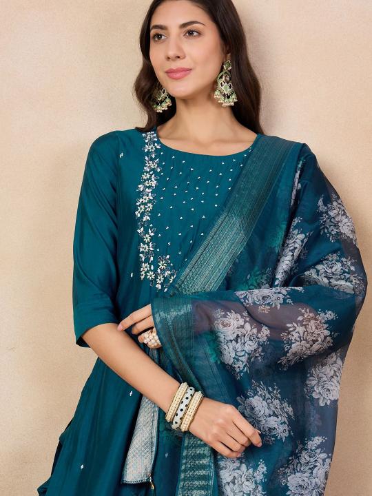 Bitto raviya viscose chanderi petrol color kurti surat 