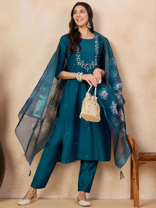 Bitto raviya viscose chanderi petrol color kurti surat 