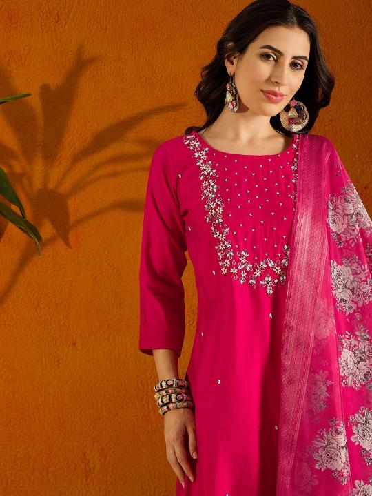Bitto raviya viscose chanderi pink color 3 pcs wholesale kurtis in surat