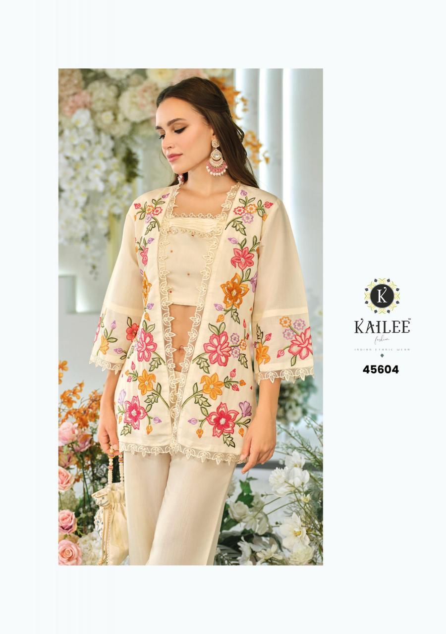 Kailee fashion bloom 2 viscouse orgenja appkiqe work co ord sets wholesale india
