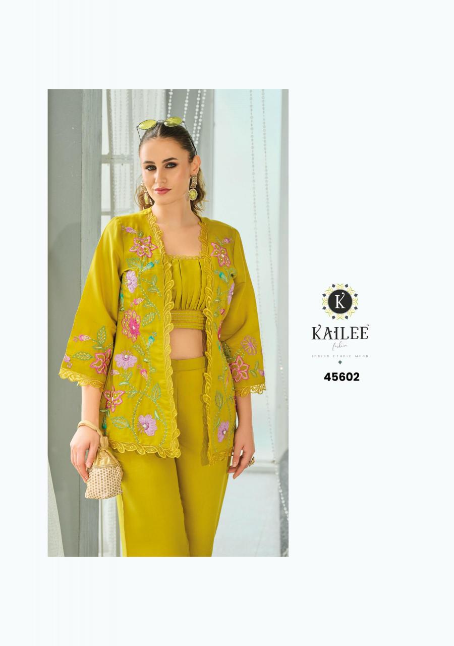 Kailee fashion bloom 2 viscouse orgenja appkiqe work co ord sets wholesale india