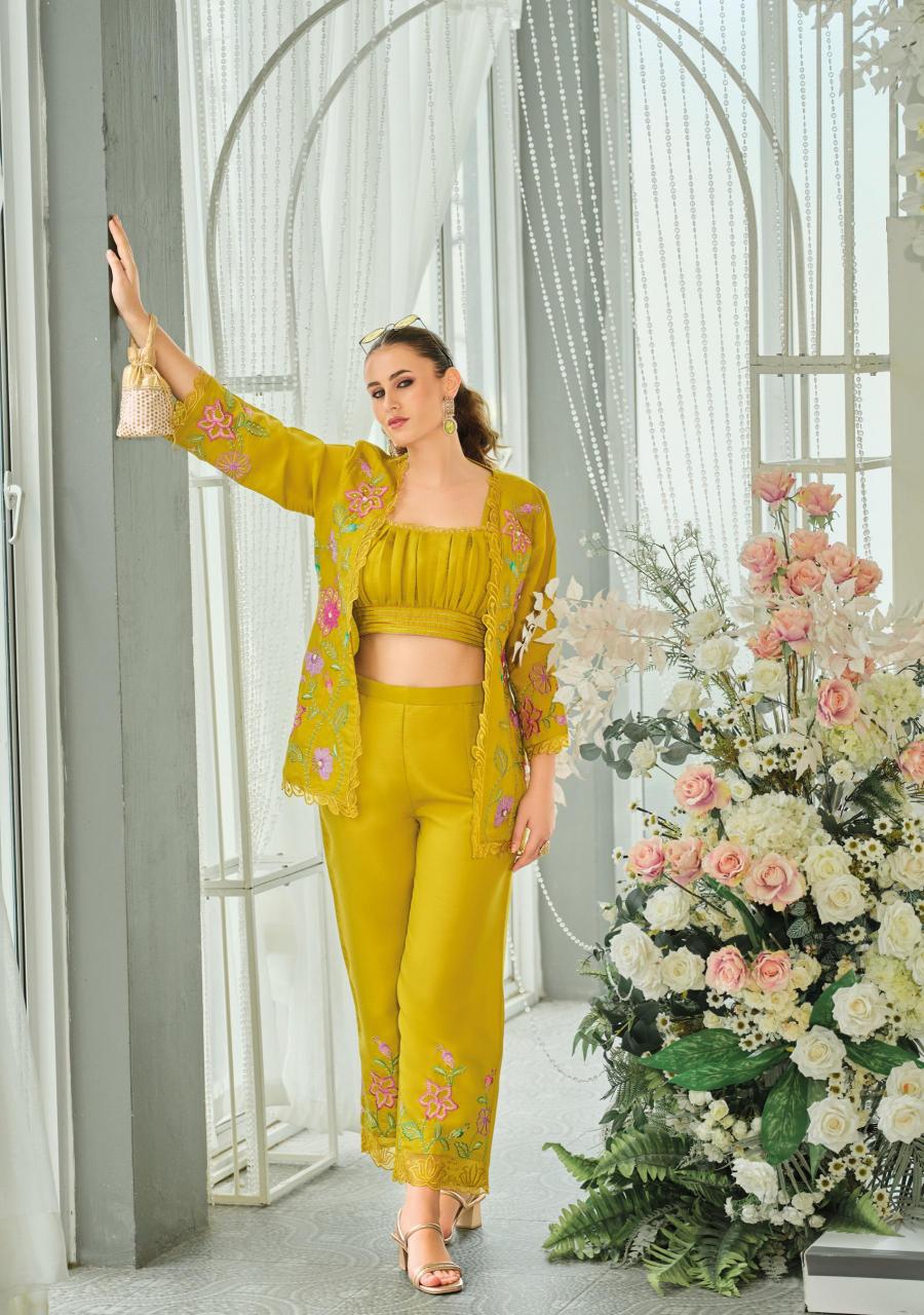 Kailee fashion bloom 2 viscouse orgenja appkiqe work co ord sets wholesale india