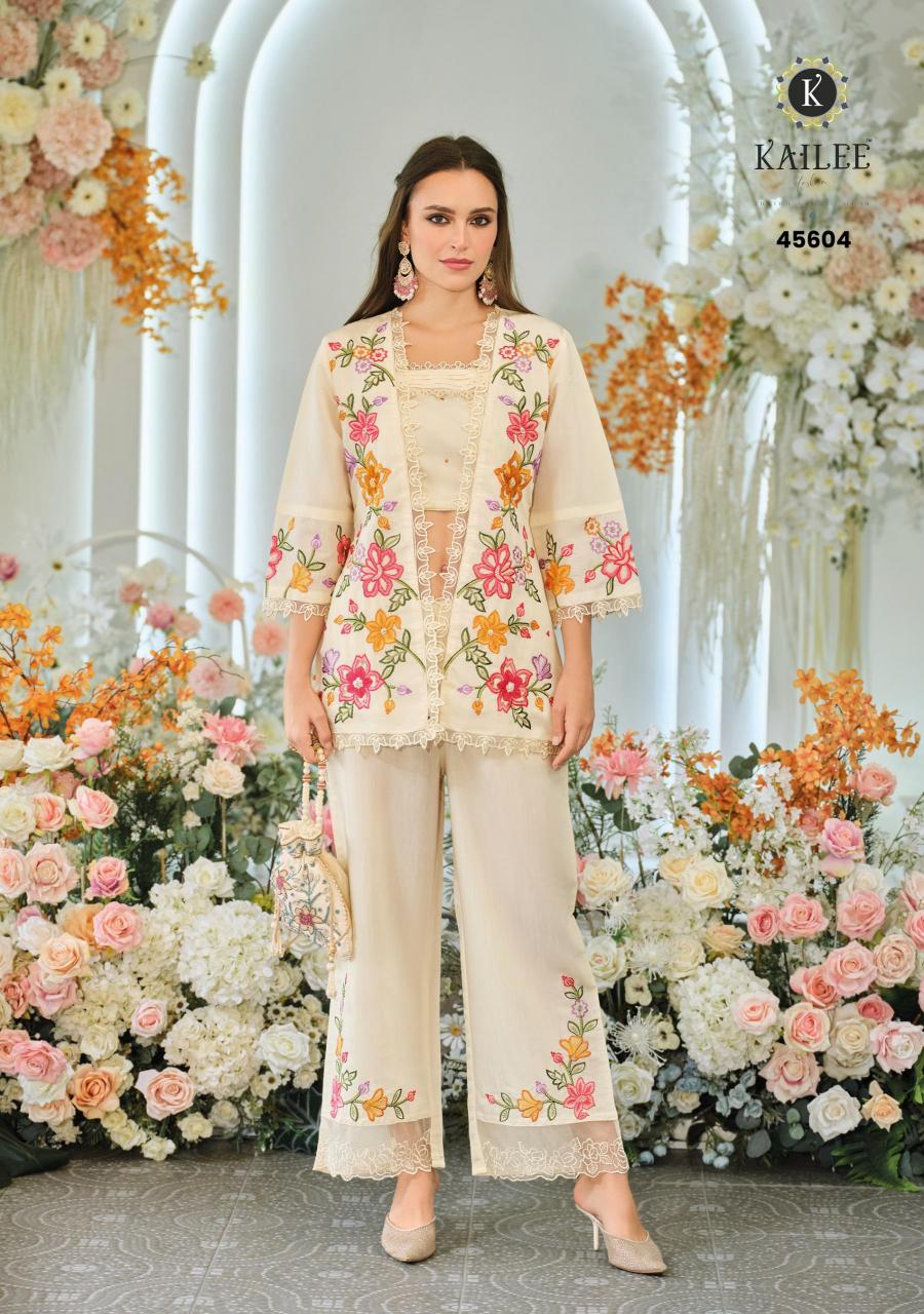 Kailee fashion bloom 2 viscouse orgenja appkiqe work co ord sets wholesale india
