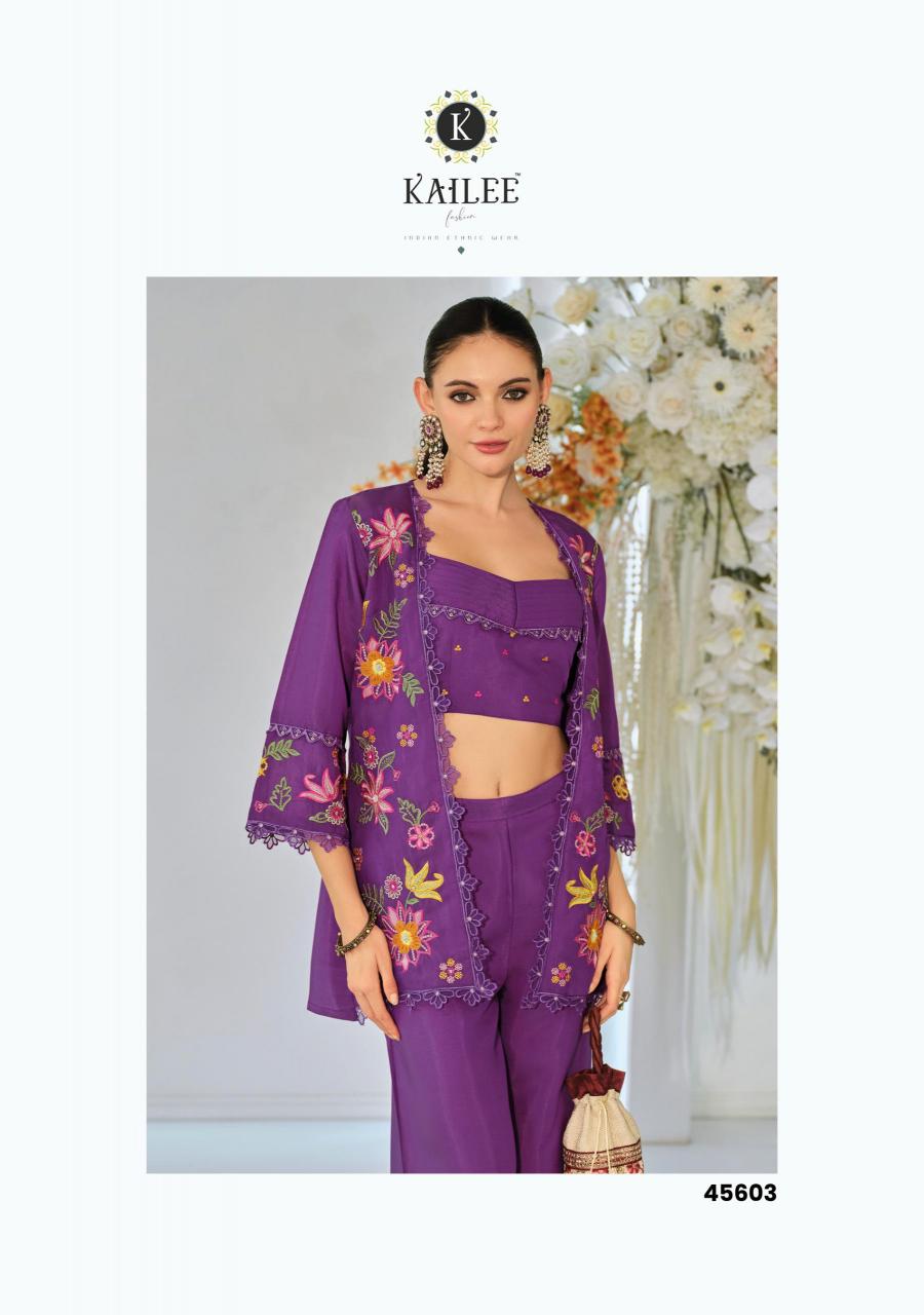 Kailee fashion bloom 2 viscouse orgenja appkiqe work co ord sets wholesale india