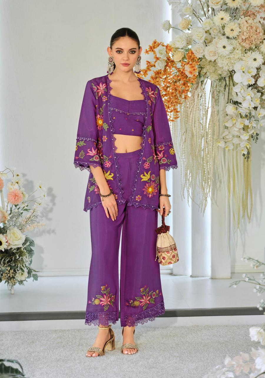 Kailee fashion bloom 2 viscouse orgenja appkiqe work co ord sets wholesale india