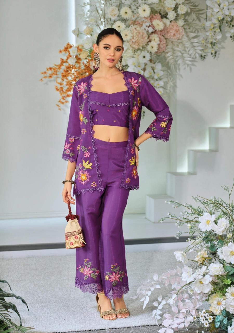 Kailee fashion bloom 2 viscouse orgenja appkiqe work co ord sets wholesale india