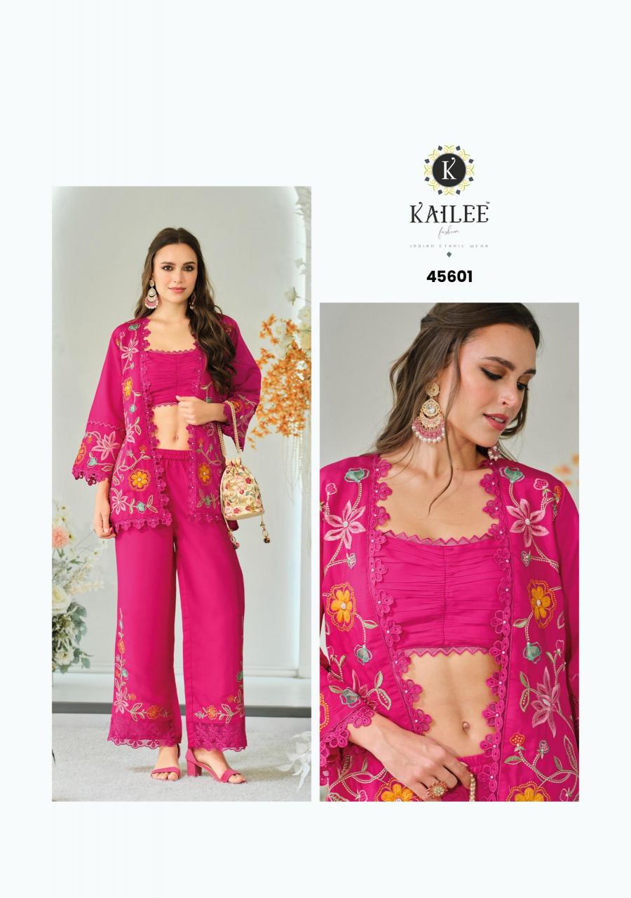 Kailee fashion bloom 2 viscouse orgenja appkiqe work co ord sets wholesale india
