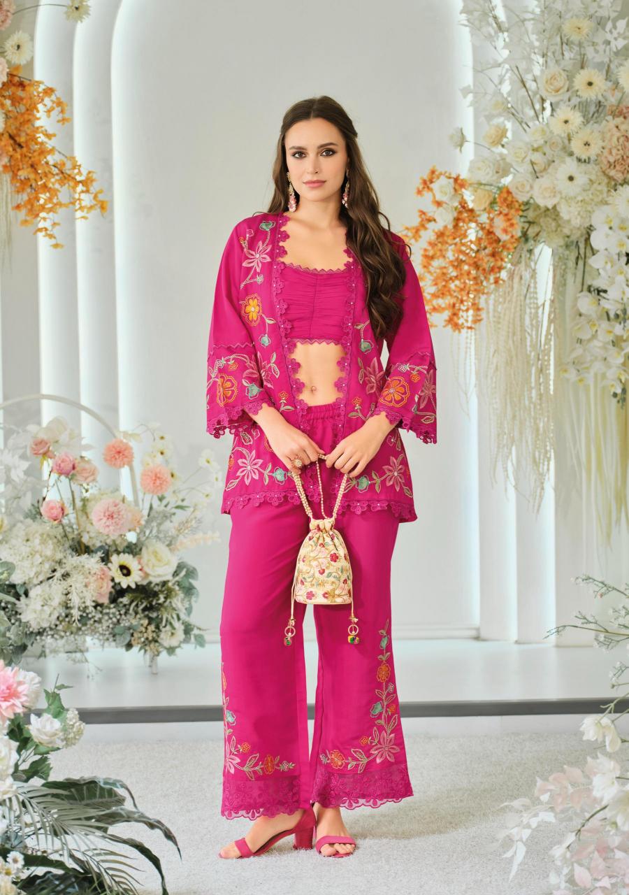 Kailee fashion bloom 2 viscouse orgenja appkiqe work co ord sets wholesale india