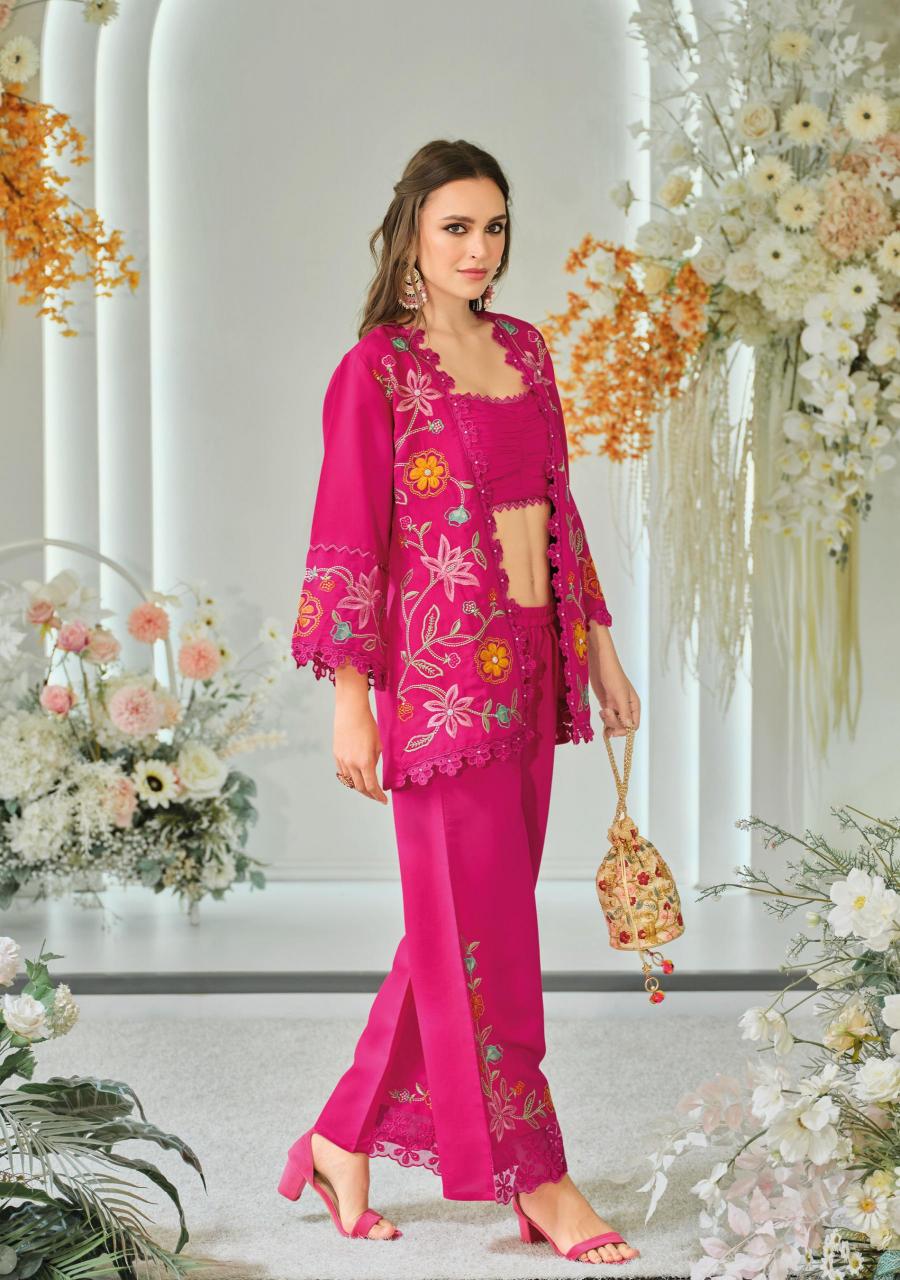 Kailee fashion bloom 2 viscouse orgenja appkiqe work co ord sets wholesale india