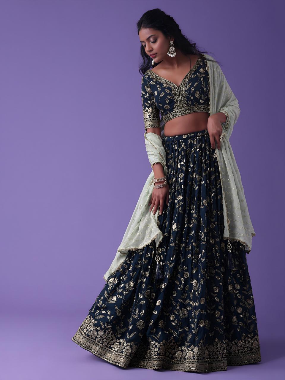 Luxurious Deep Heavy Georgette Blue Latest Lehengha choli designs wholesale market