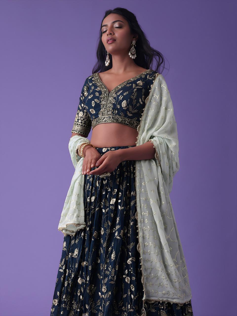 Luxurious Deep Heavy Georgette Blue Latest Lehengha choli designs wholesale market