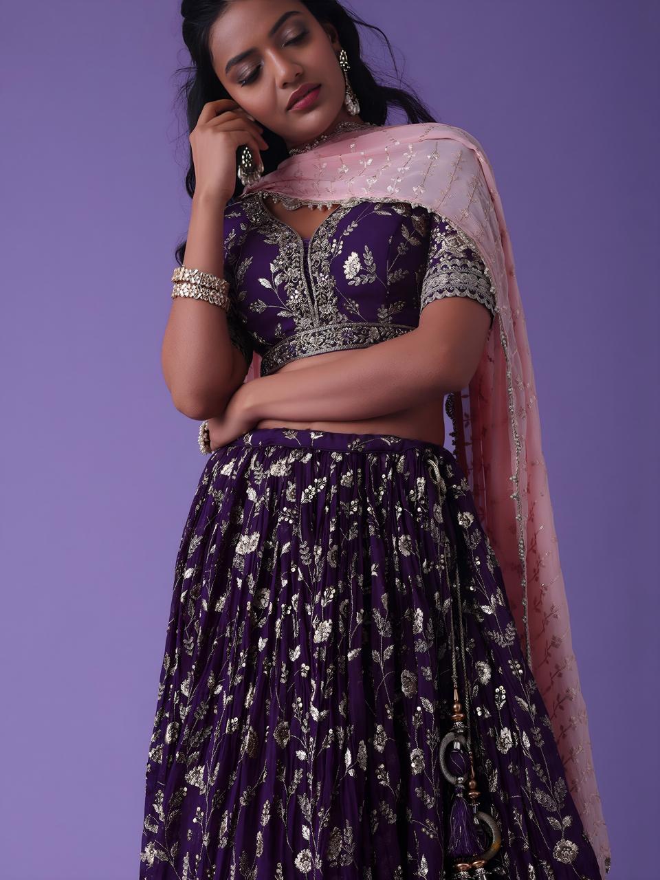 Luxurious Deep Heavy Georgette Purple Bridal lehenga wholesale market Surat