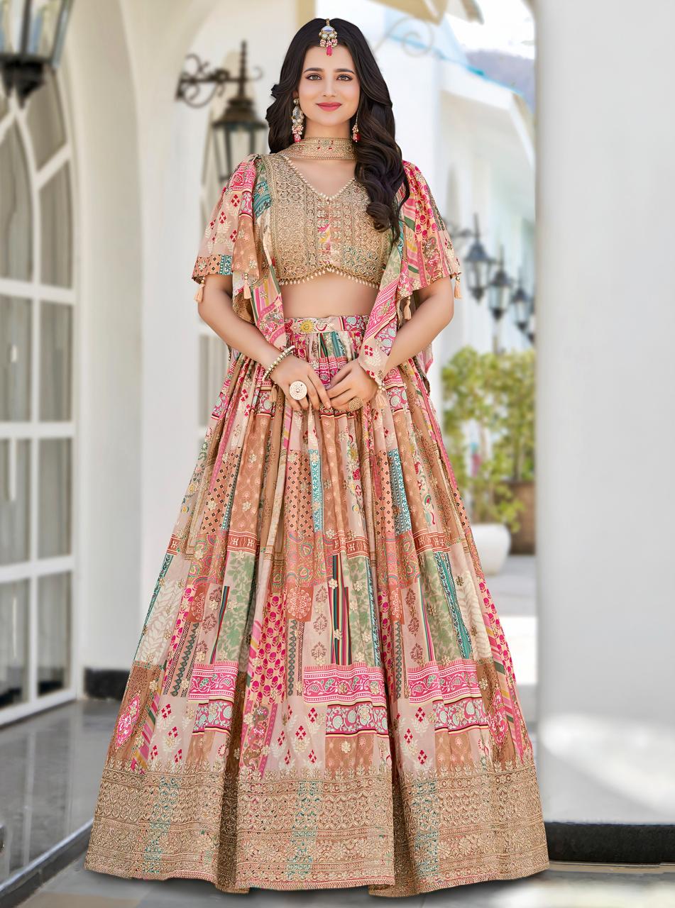 Multicolor Printed Embroidered Chinnon Silk Beige Wholesale lehenga choli suppliers in India