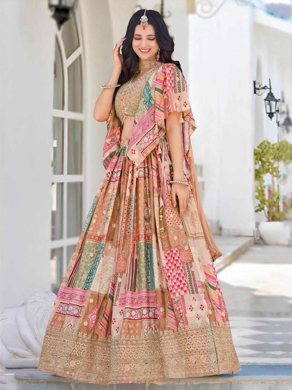Multicolor Printed Embroidered Chinnon Silk Beige Wholesale lehenga choli suppliers in India