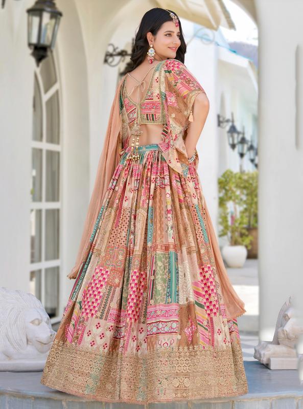 Multicolor Printed Embroidered Chinnon Silk Beige Wholesale lehenga choli suppliers in India