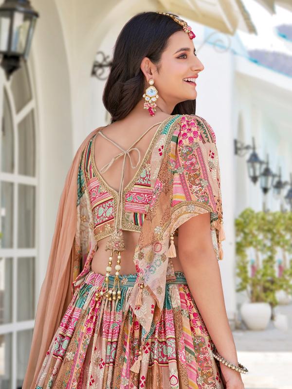 Multicolor Printed Embroidered Chinnon Silk Beige Wholesale lehenga choli suppliers in India