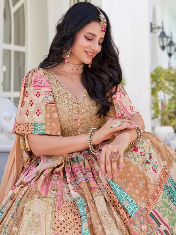 Multicolor Printed Embroidered Chinnon Silk Beige Wholesale lehenga choli suppliers in India