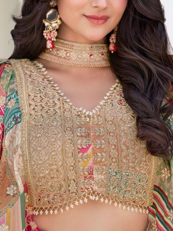 Multicolor Printed Embroidered Chinnon Silk Beige Wholesale lehenga choli suppliers in India