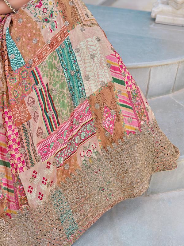 Multicolor Printed Embroidered Chinnon Silk Beige Wholesale lehenga choli suppliers in India