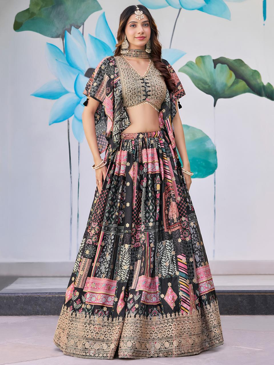 Multicolor Printed Embroidered Chinnon Silk Black Wholesale lehenga choli manufacturers in India
