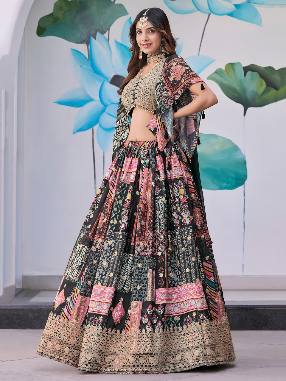 Multicolor Printed Embroidered Chinnon Silk Black Wholesale lehenga choli manufacturers in India