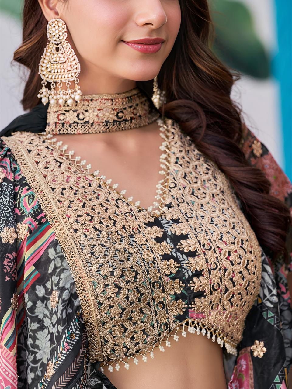 Multicolor Printed Embroidered Chinnon Silk Black Wholesale lehenga choli manufacturers in India
