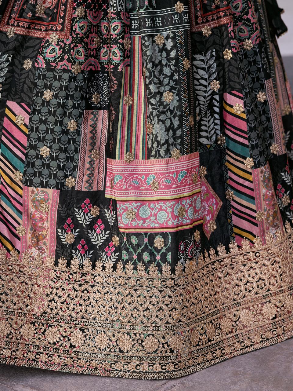 Multicolor Printed Embroidered Chinnon Silk Black Wholesale lehenga choli manufacturers in India