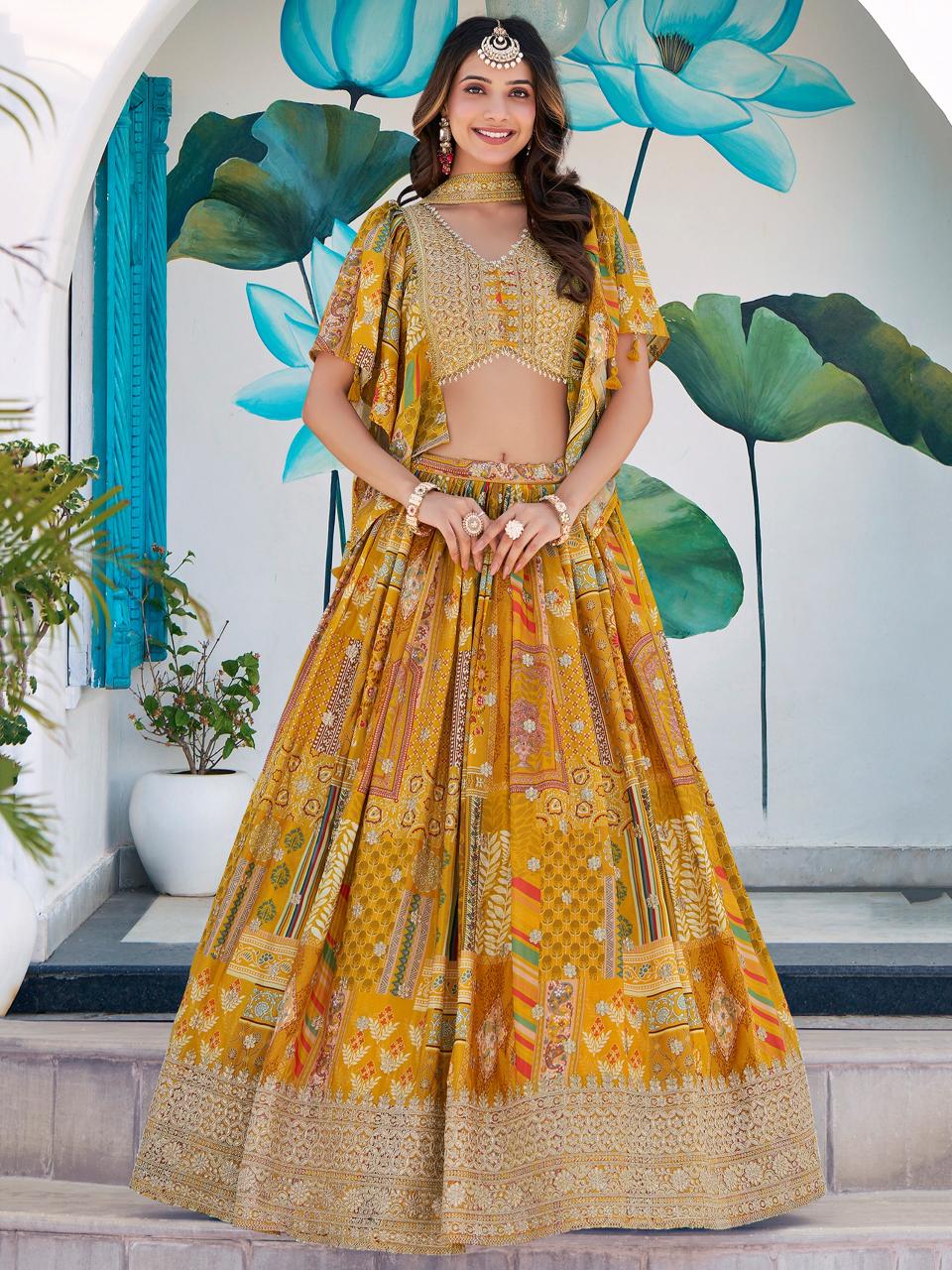 Queen Multicolor Chinnon Silk Yellow Surat lehenga choli wholesale market