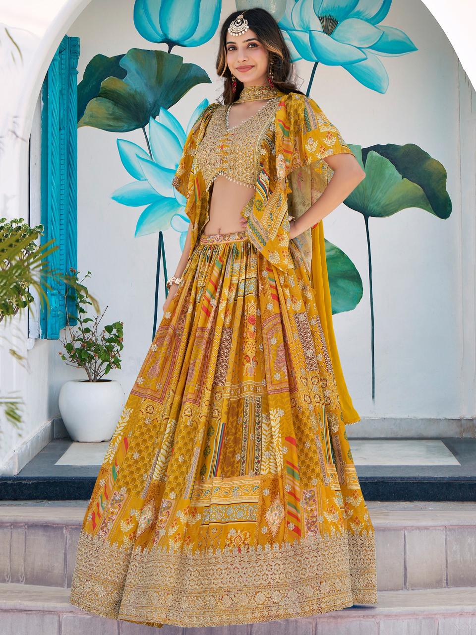 Queen Multicolor Chinnon Silk Yellow Surat lehenga choli wholesale market
