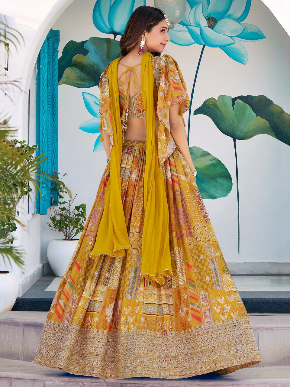 Queen Multicolor Chinnon Silk Yellow Surat lehenga choli wholesale market