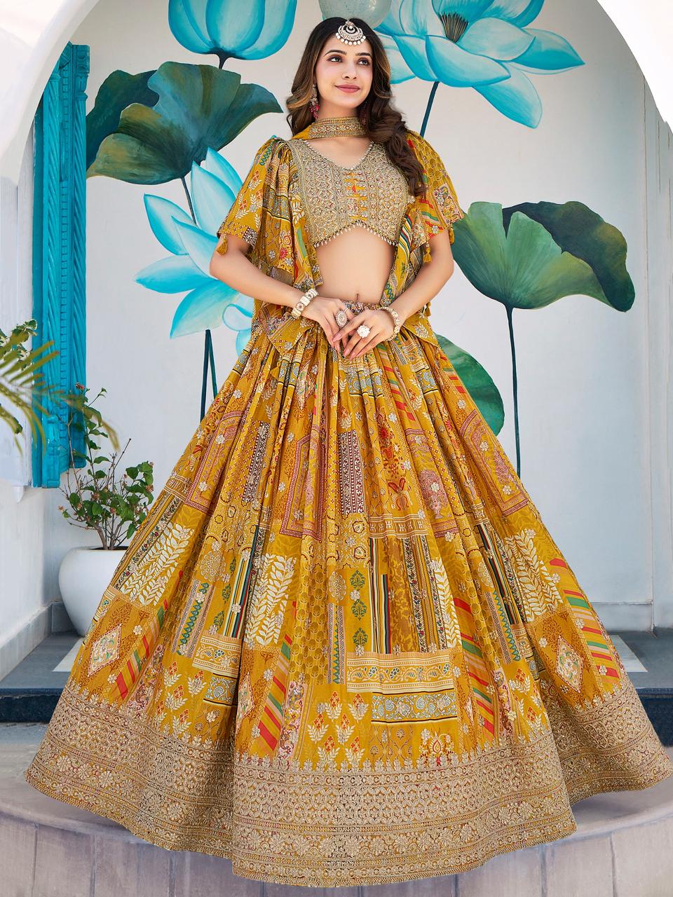 Queen Multicolor Chinnon Silk Yellow Surat lehenga choli wholesale market