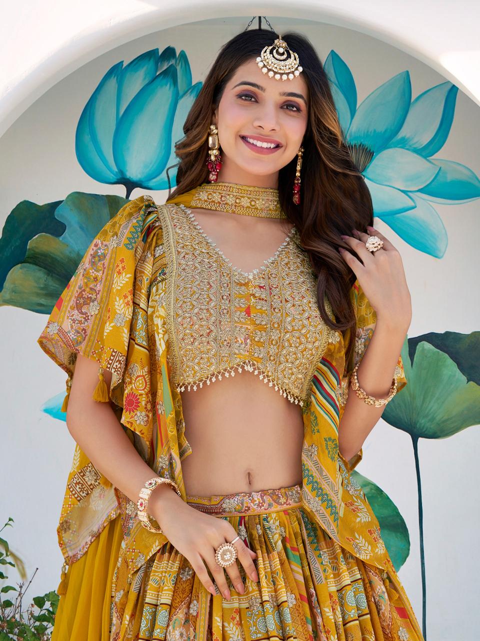 Queen Multicolor Chinnon Silk Yellow Surat lehenga choli wholesale market