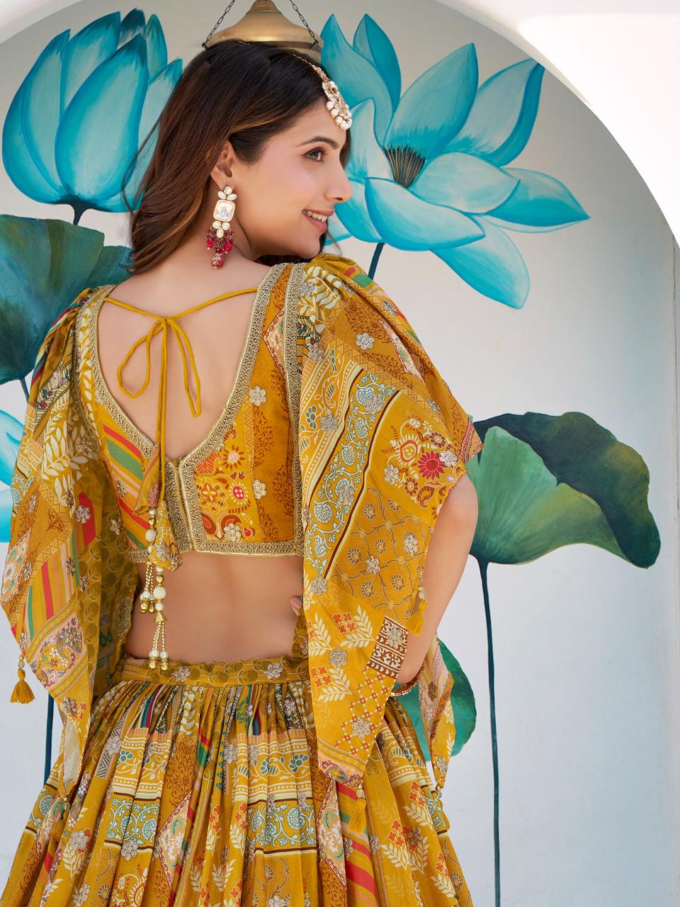 Queen Multicolor Chinnon Silk Yellow Surat lehenga choli wholesale market