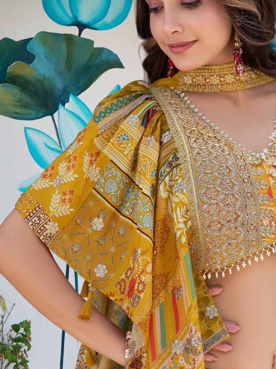 Queen Multicolor Chinnon Silk Yellow Surat lehenga choli wholesale market