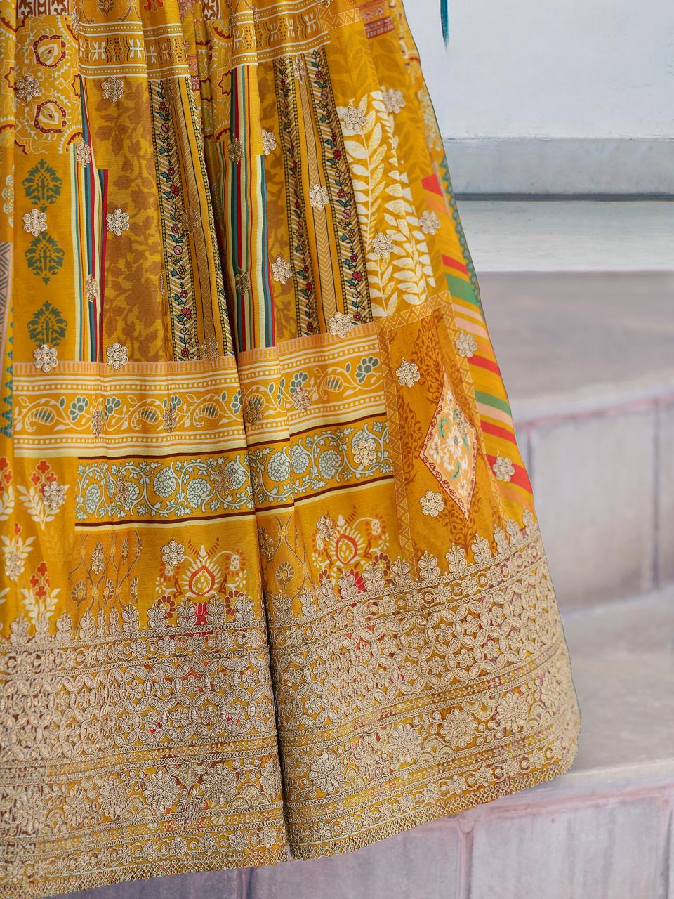 Queen Multicolor Chinnon Silk Yellow Surat lehenga choli wholesale market