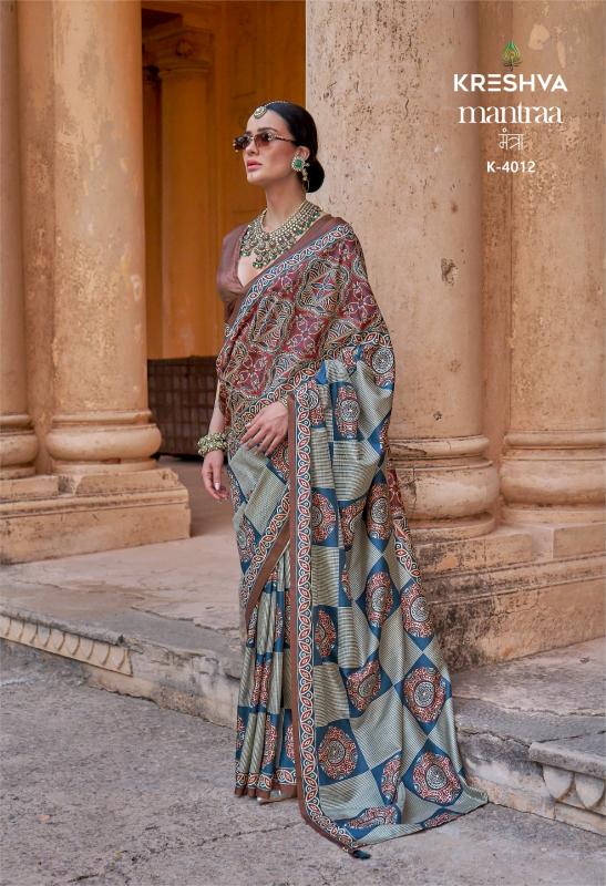 Shorya kreshva mantraa silk with ajarakh print wholesale saree market surat
