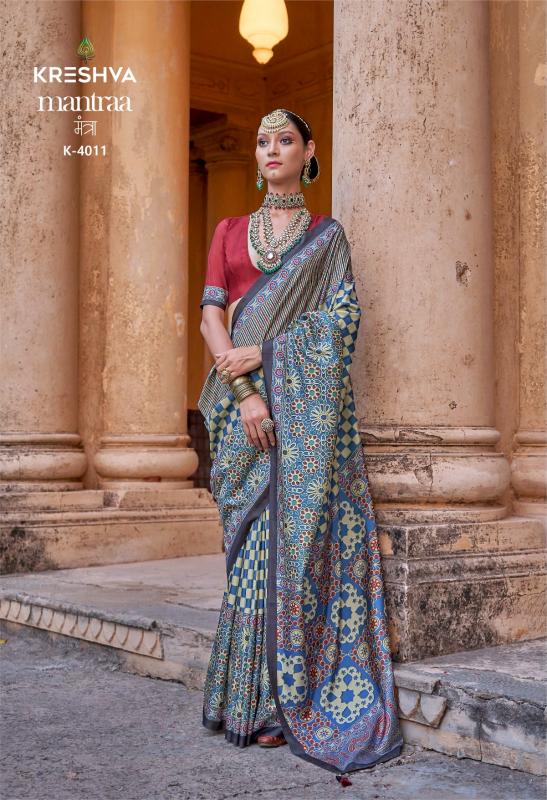 Shorya kreshva mantraa silk with ajarakh print wholesale saree market surat