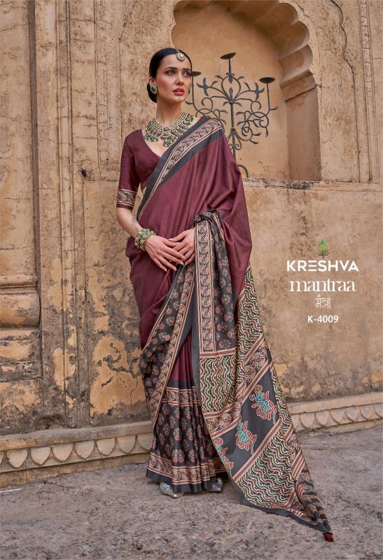 Shorya kreshva mantraa silk with ajarakh print wholesale saree market surat