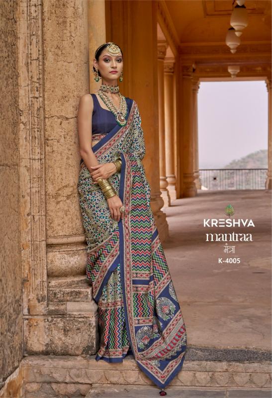 Shorya kreshva mantraa silk with ajarakh print wholesale saree market surat