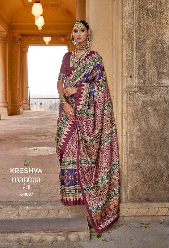 Shorya kreshva mantraa silk with ajarakh print wholesale saree market surat