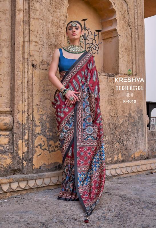 Shorya kreshva mantraa silk with ajarakh print wholesale saree market surat