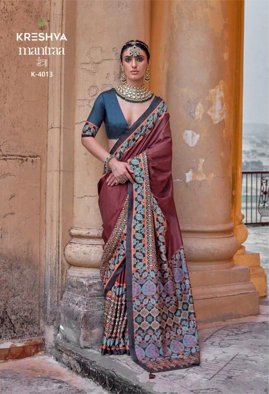 Shorya kreshva mantraa silk with ajarakh print wholesale saree market surat