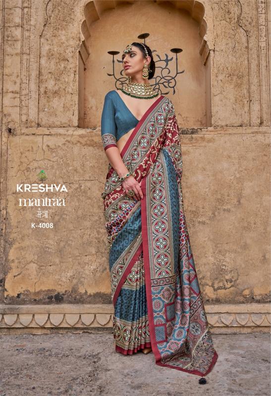 Shorya kreshva mantraa silk with ajarakh print wholesale saree market surat